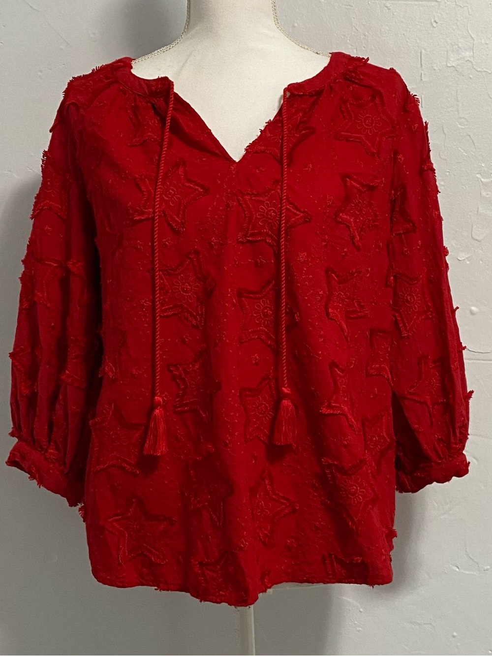 Chico's Red Star-Textured Peasant Tunic with Tassel Tie